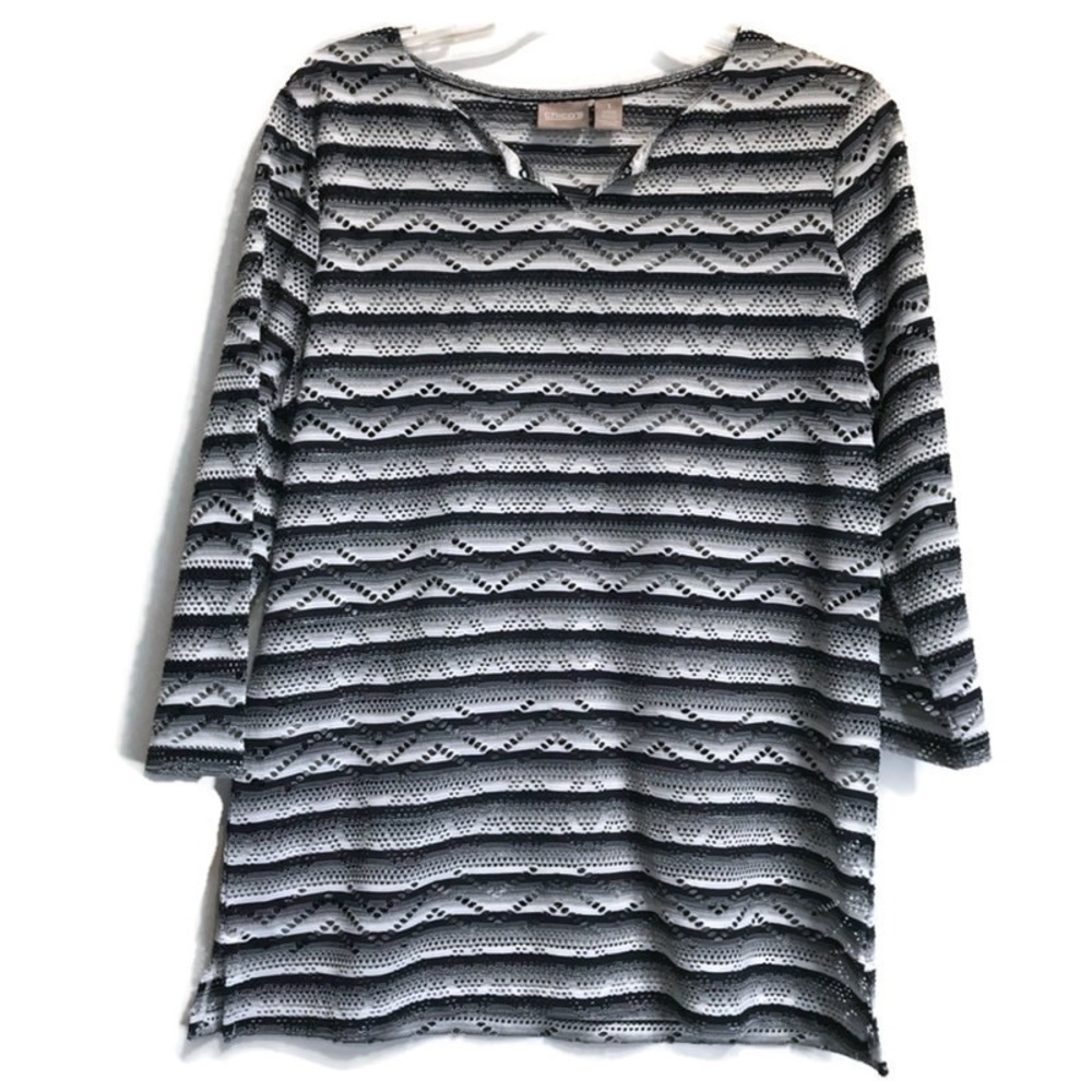 Chico’s Shirt Navy/Blue White Blouse Striped Open weave Size 1 Small